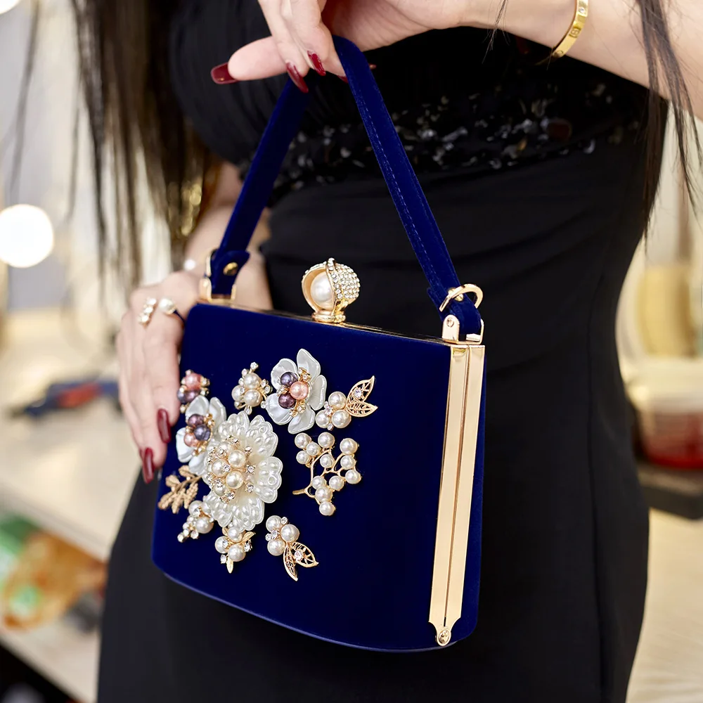 Ladies Velvet Clutch Pearl Crystal Evening Bags Women Velour Party Wedding Hand Bag Bridal Luxury Mini Day Purse Bolsos