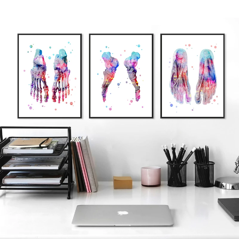 Feet Print Set Skeleton Watercolor Art Canvas Poster Painting Foot Bones Anatomy Medicine Wall Print Clinic Medical Office Decor