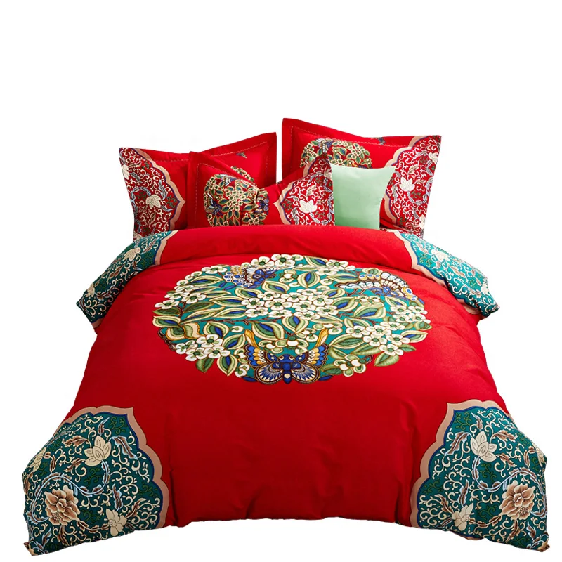 Red Print Sanded Cotton Duvet Cover Sets King Queen Size 4pcs Thicken