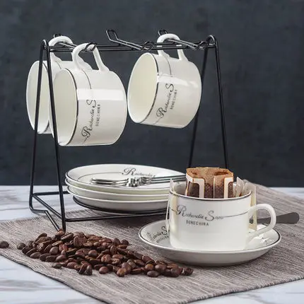Европейский Креативный простой стильный керамический комплект из чашки и блюдца, бытовая кофейная чашка, 4 комплекта, 6 комплектов с держателем для чашки с ложкой - Цвет: G 4 sets