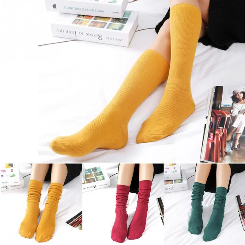 Высокие носки в японском Корейском стиле для школьниц Свободные Женские однотонные вязаные длинные хлопковые носки