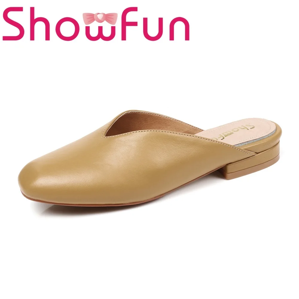 Showfun genuine leather shoes woman summer indoor solid square heel slippers-in Slippers from 
