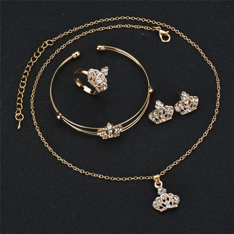 Hollow Flower Necklace/Earrings/Ring/Bracelet Gold Color Crown Bridal Jewelry Set Fashion Indian Wedding Jewelry Accessorie
