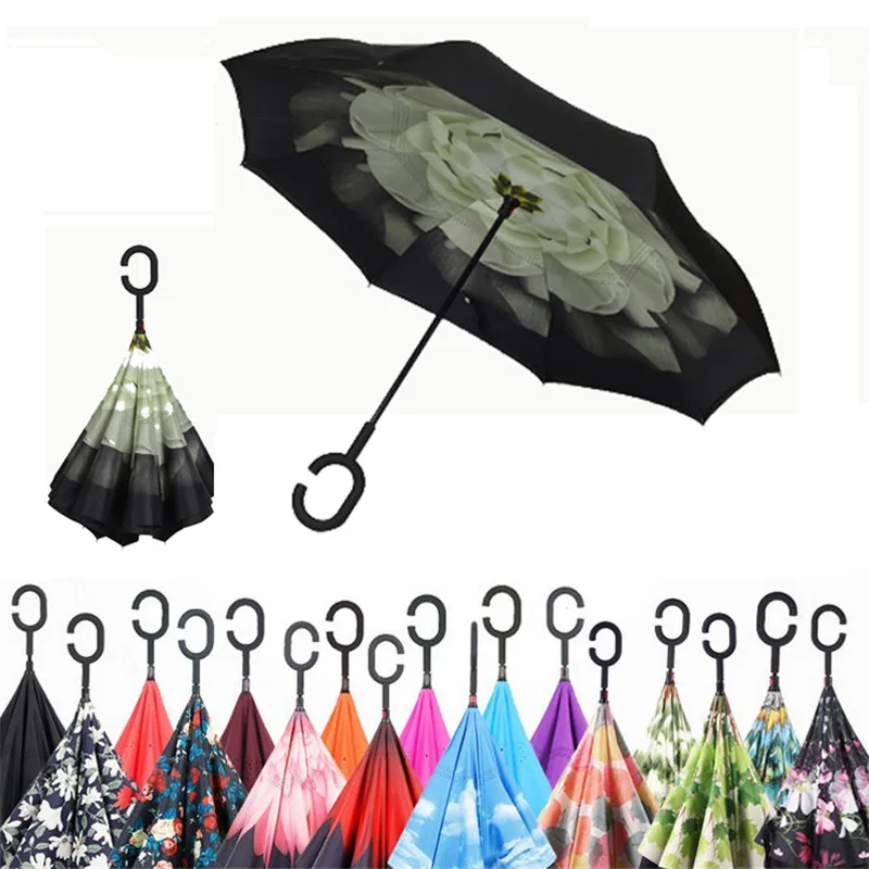 

Drop shipping Windproof C-type Folding reverse umbrella hands-free rain/sun women/men outdoor double Layer Inverted zizihua