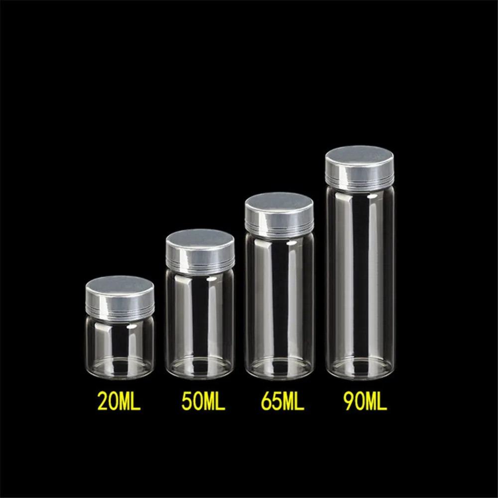 

20ml 50ml 65ml 90ml Glass Storage Bottles with Silver Screw Cover Empty Sweets Vanilla Pill Food Perfume 6pcs