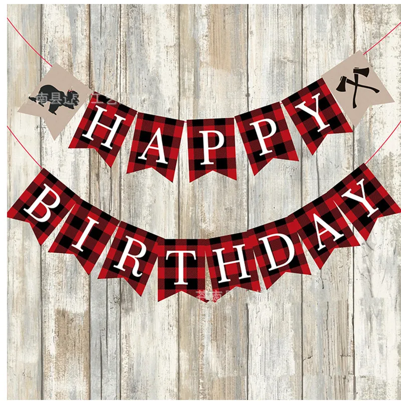 

Lumberjack Happy Birthday Banner Timber Buffalo Plaid Baby Boy Girl Birthday Party Photo Backdrop