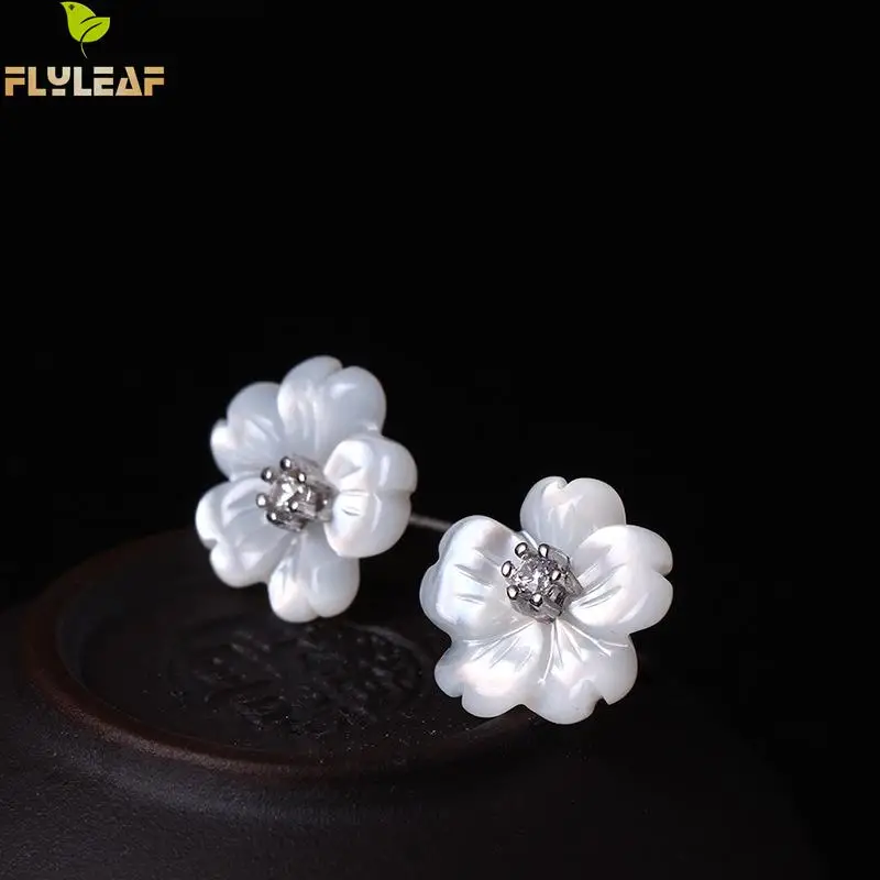 Flyleaf 100% Sterling Silver Shell Carvings Flowers Stud Earrings For Women Fashion Cubic Zirconia High Quality Jewelry | Украшения и