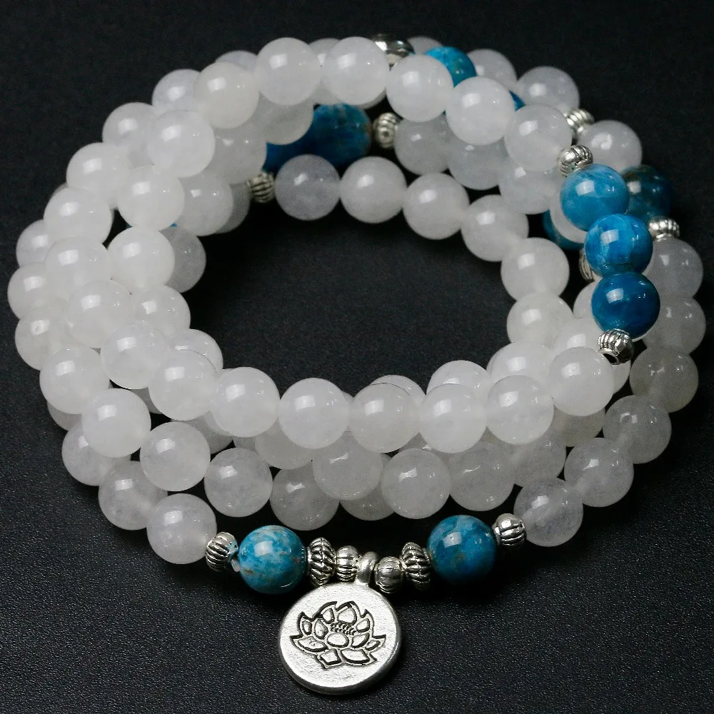Natural White Chalcedony With Apatite Stone Beads Bracelet Men Women Wing Buddha Yoga Lotus Charm Necklace Unisex Mala Jewelry