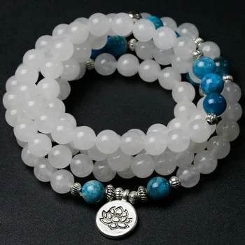 Natural White Chalcedony With Apatite Stone Beads Bracelet Men Women Wing Buddha Yoga Lotus Charm Necklace Unisex Mala Jewelry