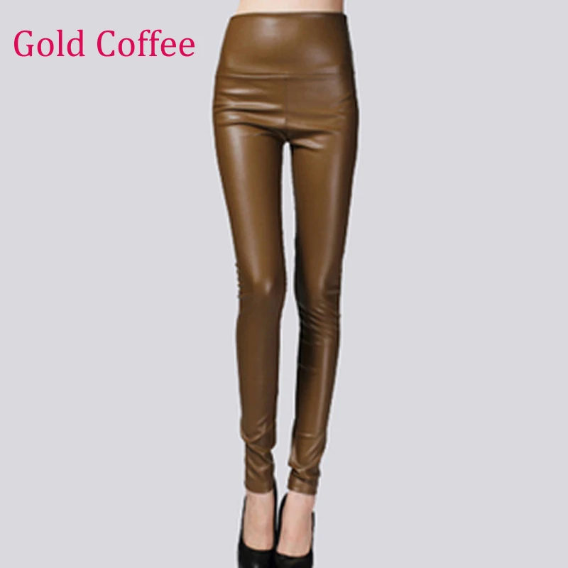 BGTEEVER, весенние теплые женские брюки из искусственной кожи, цветные бархатные брюки из искусственной кожи, эластичные узкие брюки, женские облегающие брюки - Цвет: gold coffee
