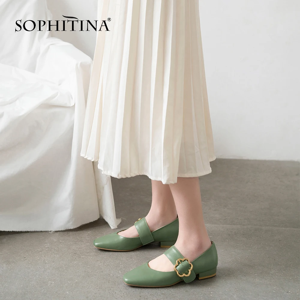 

SOPHITINA Genuine Leather Women's Mary Janes Shoes Round Toe Buckle Strap Metal Decoration Flats Light Comfortable Flats PO127