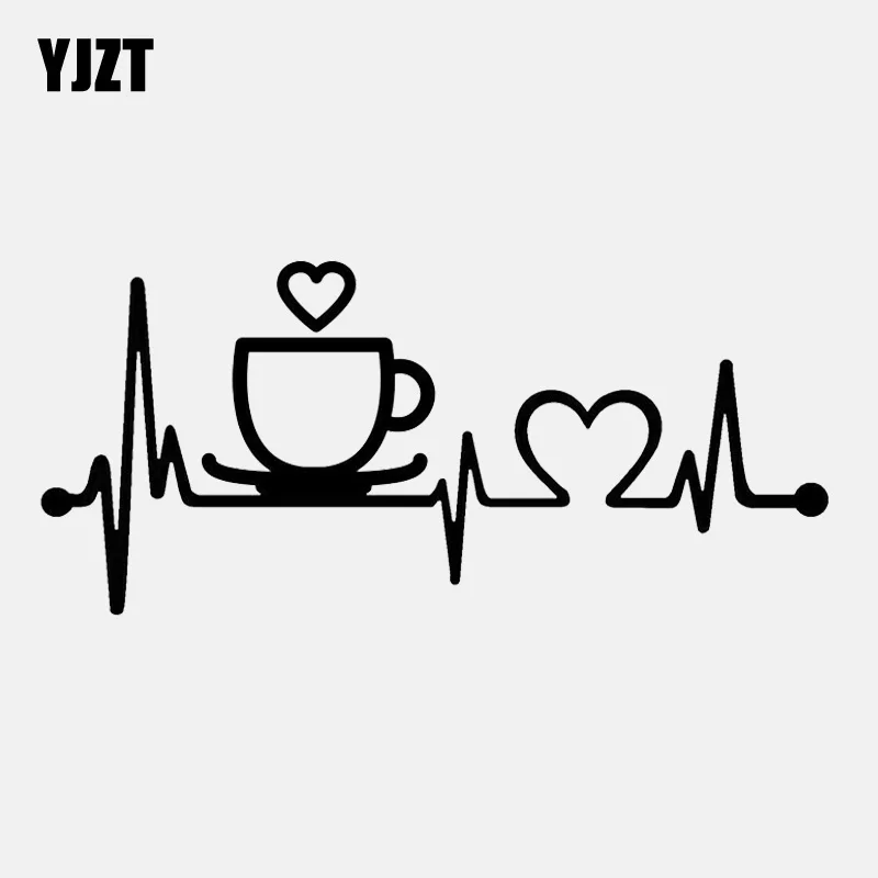 

YJZT 13.9CM*6.3CM Coffee Cup Heartbeat Lifeline Vinyl Black/Silver Car Sticker C22-1065