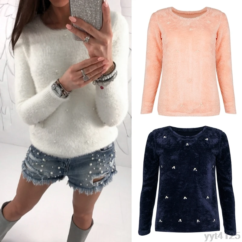 

Women Long Sleeve Round Neck Faux Pearl Decorate Fuzzy Sweater Pullover Tops Dropshipping