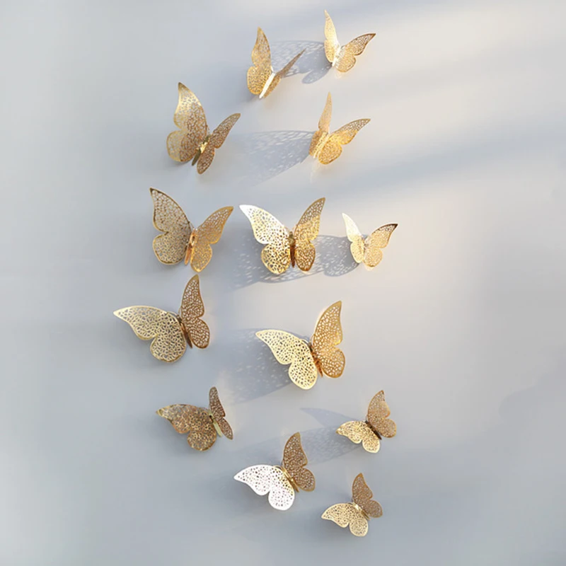 12 шт./компл. 3D бабочка настенные стикеры бабочки полые цвета: золотистый, серебристый 3D бабочки Спальня Гостиная домашний Декор B