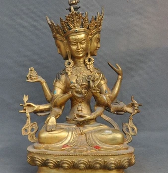 

Tibet Buddhism 24kGold Gilt Bronze 3 Head 8 Arms Namgyalma&Ushnishavijaya Buddha