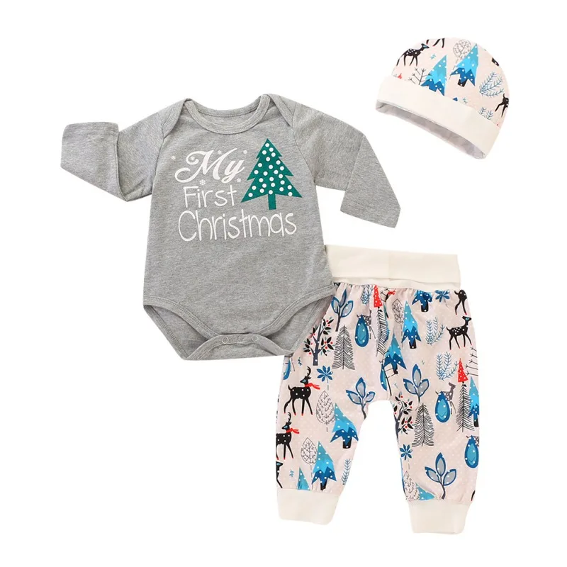 

2018 Infant Baby Romper Set Clothing Newborn Baby Boy Girl Jumpsuit+Pants+Print Hat Xmas Outfit