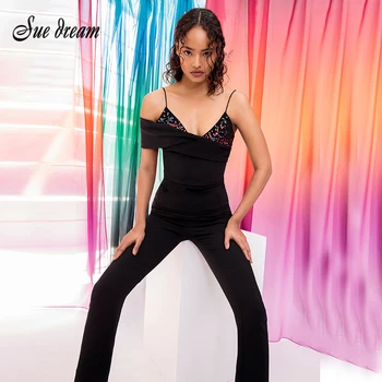 

New Women's Sexy Jumpsuit V-neck Black Sleeveless Beaded Bandage Jumpsuit 2020 Fashion Tight-fitting Jumpsuit