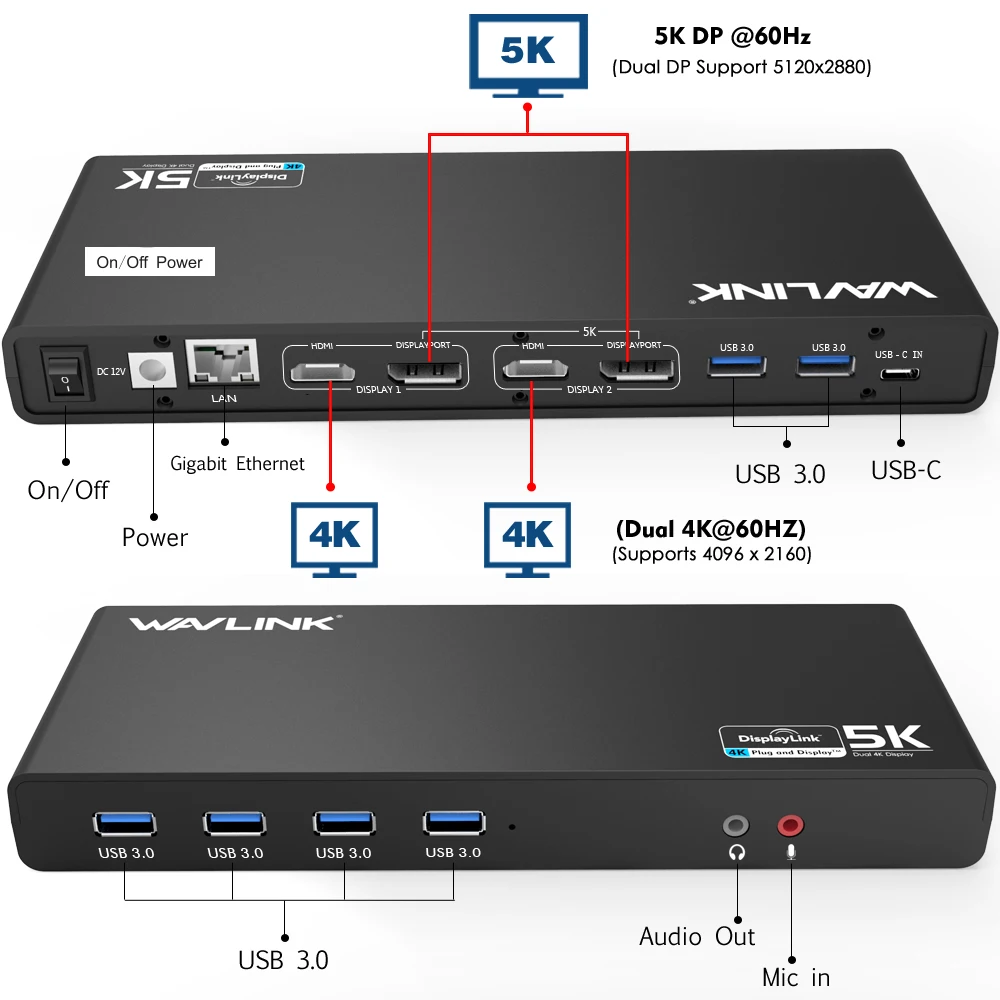 Wavlink Ноутбук USB 3,0 Универсальная док-станция USB C 5K Dual 4K HDMI DP несколько дисплеев гигабитный Ethernet Дисплей порт Windows