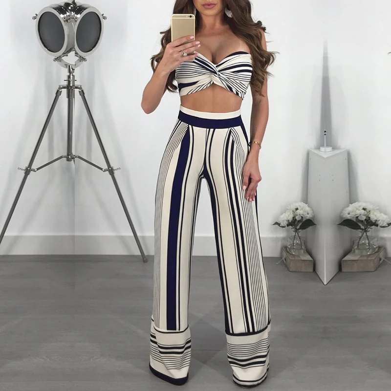 

Sexy Women Color Striped Two-Piece Set Off the Shoulder Backless Crop Top Wide Leg Pants High Waist Trouser Sets Club Streetwear