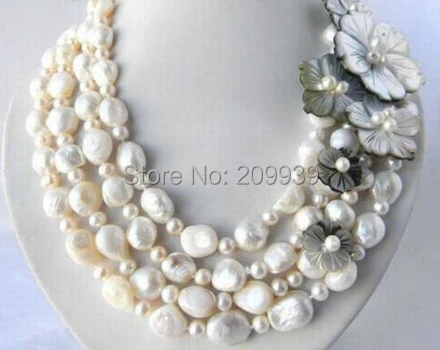 

huij 004169 4Strands 18'' 13mm White Round Baroque Freshwater Pearl Shell Flower Necklace
