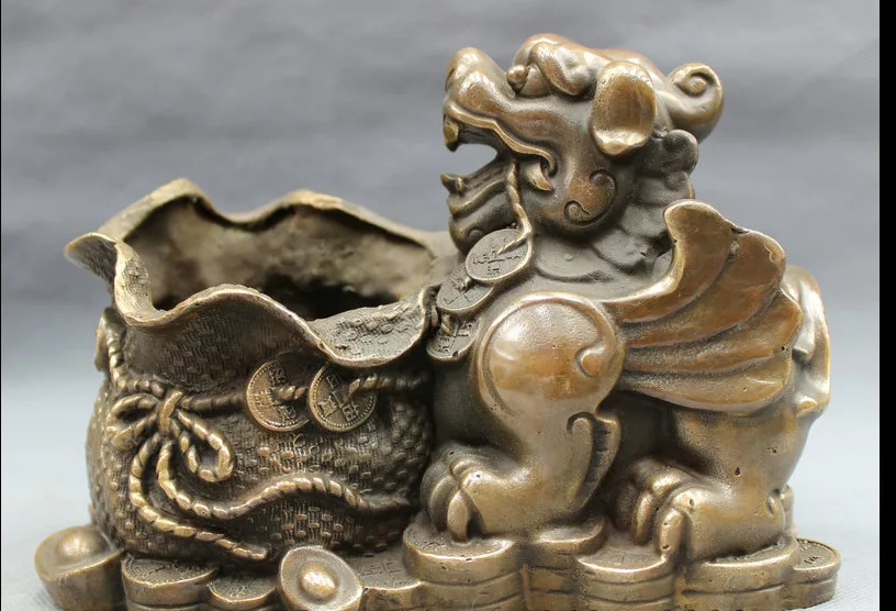 

wan671055+++8" Chinese Bronze YuanBao Lion PiXiu Kylin Statue Coin Bag Brush Pot Pencil Vase
