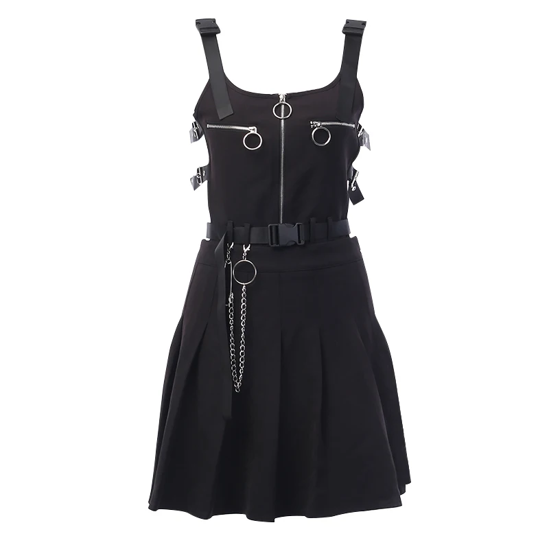 Готическое черное платье, женское летнее сексуальное облегающее платье без рукавов, плиссированное платье с пряжкой на поясе, тонкое женское Клубное платье для вечеринок