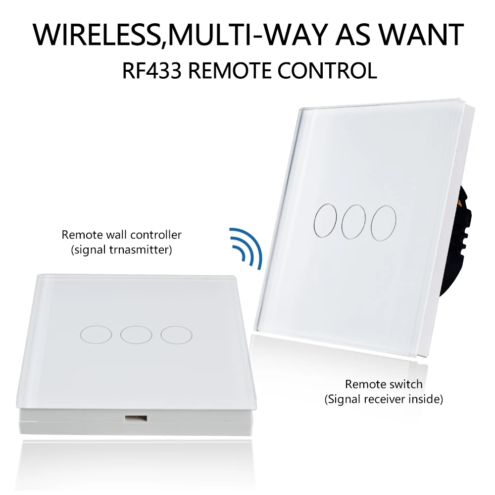 

Bingoelec 3 Gang 1 Way Remote Wall Switch With 3 Gang Remote Controller RF 433.92 MHZ Wireless Remote Sensor Smart Switch