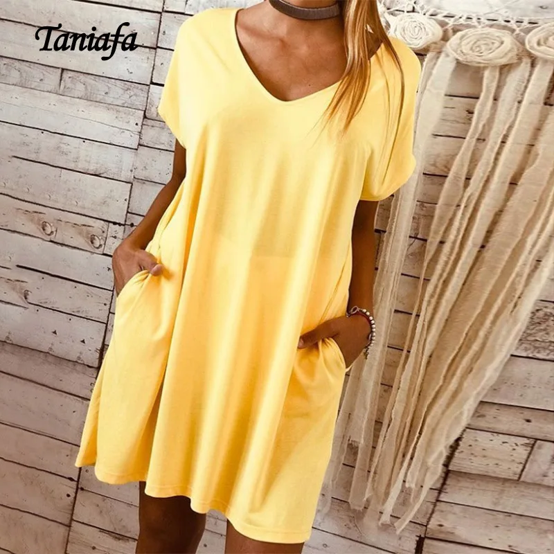 

2019 New Fashion Women V Neck Short Sleeve Mini Dresses Summer Casual Solid Color Pocket Party Dress Plus Size