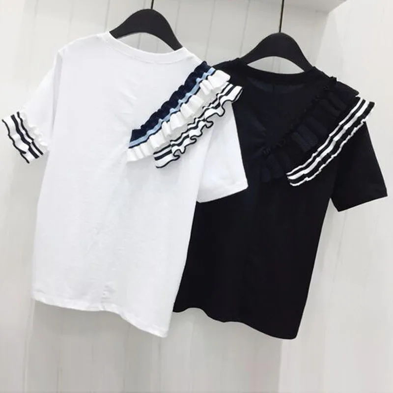 2019 الصيف شيك خياطة خشبية الأذن جولة الرقبة قصيرة الأكمام تي شيرت المرأة عارضة البرية تي شيرت المد جديد الكورية الكشكشة تيز