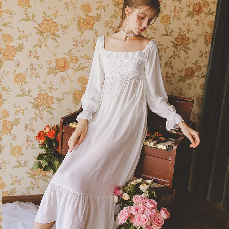 Vintage Night Dress Autumn Women Sleepwear White Cotton Homewear Square Collar Sleepdress Long Sleeve Nightgown Sleepshirts