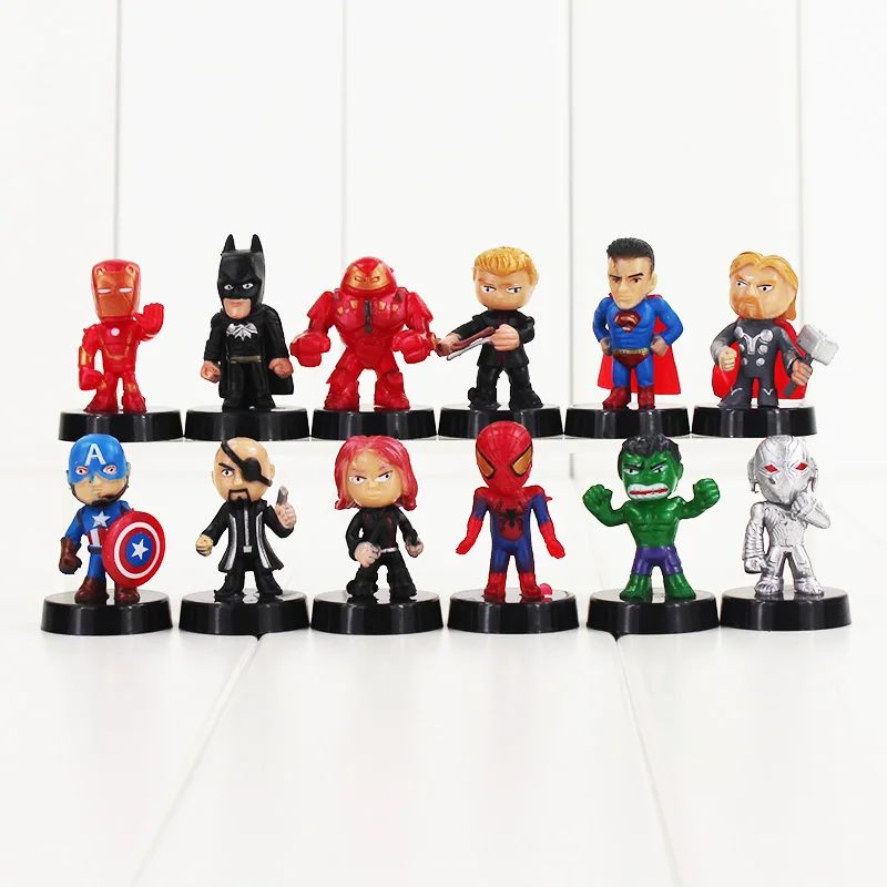 

12pcs/lot The Avengers Figure Toy Iron Man Thor Hulk Captain America Spiderman Superman Batman Ultron Q Version Model Toy