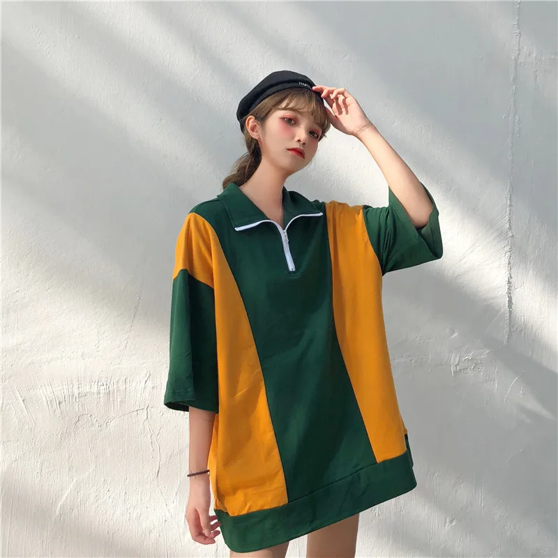 Женская одежда ulzzang, уличная одежда, летняя Harajuku, хип-хоп, корейские топы, повседневные, на молнии, с панелями, модные, новые, Большие футболки