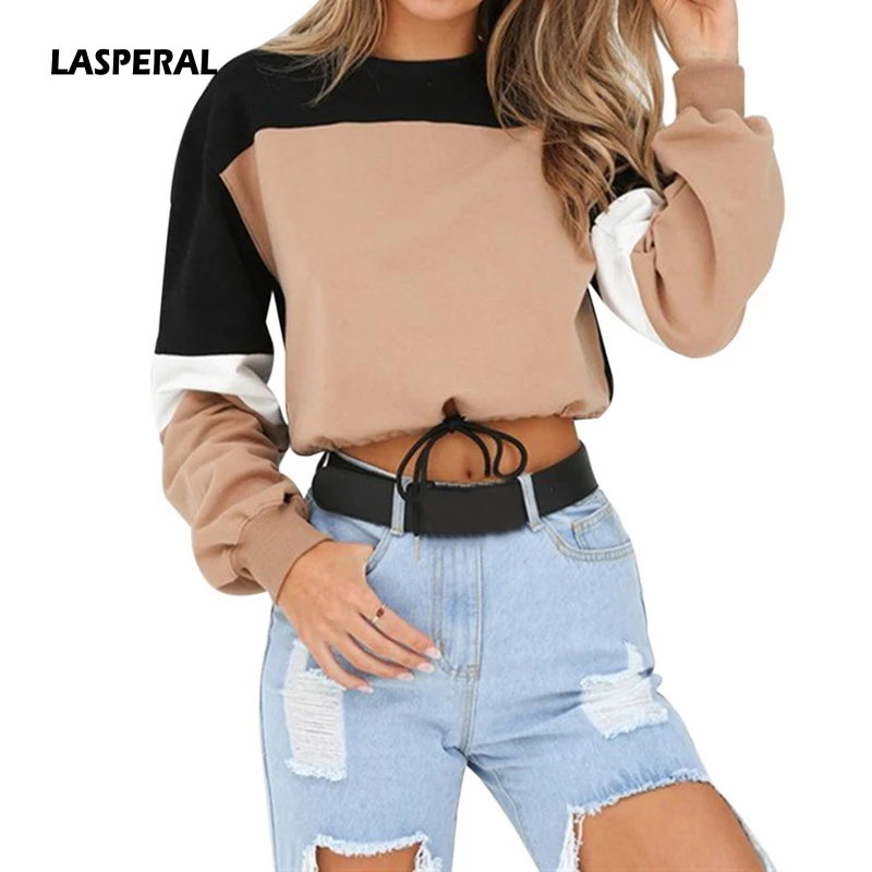 

LASPERAL 2019 New Women Autumn Winter Casual Hoodies Woman Sexy O Neck Patchwork Long Sleeve Lace Up Loose Sweatshirt Crop Tops