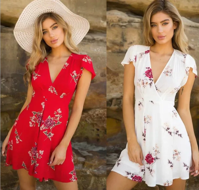 

New Women V Neck Print Dress Mini Dress Summer Women Dress