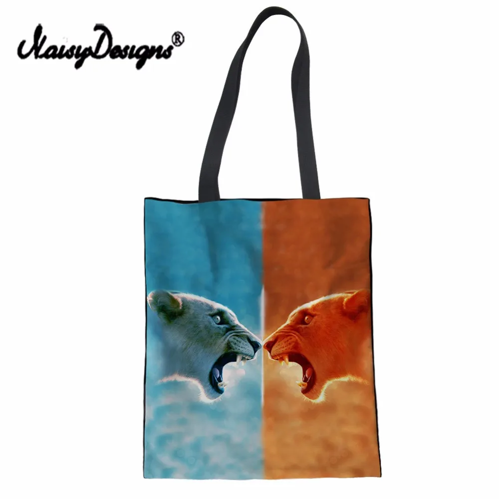 

NoisyDesigns Bicolor 3D Lion Wolf Print Women Linen Shopping Bags Canvas Recyling Tote Bags Multi-function Girls Book Eco bags