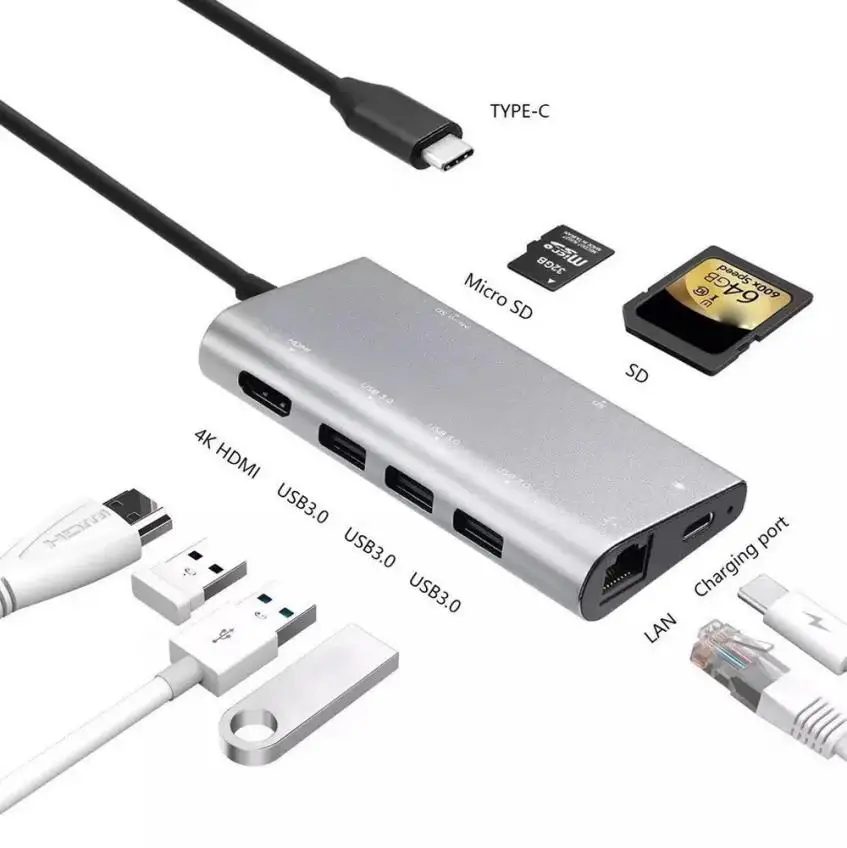 

Usb c Hub Type c to RJ45 Lan SD Card Reader 3Usb 3.0 4K Adapter For Macbook pro 13inch and 15inch