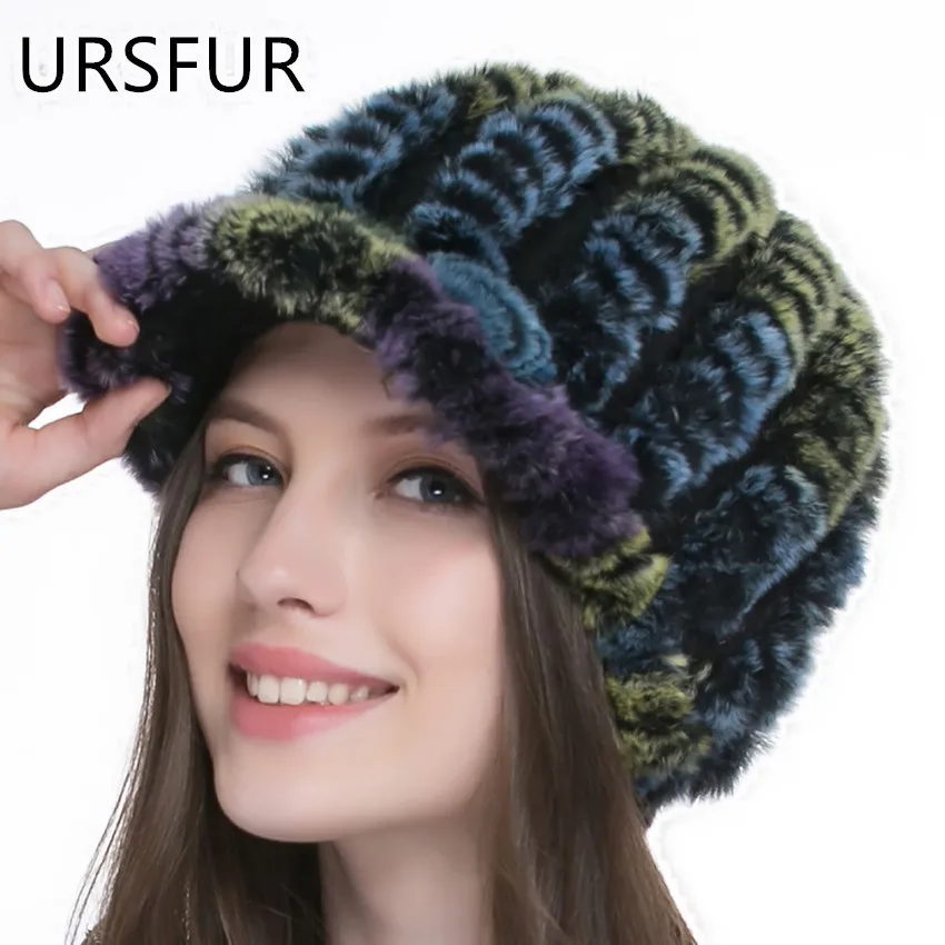URSFUR Women's Rex Rabbit Fur Peaked Caps Hats Multicolor Fur Hats with Small Brim Female