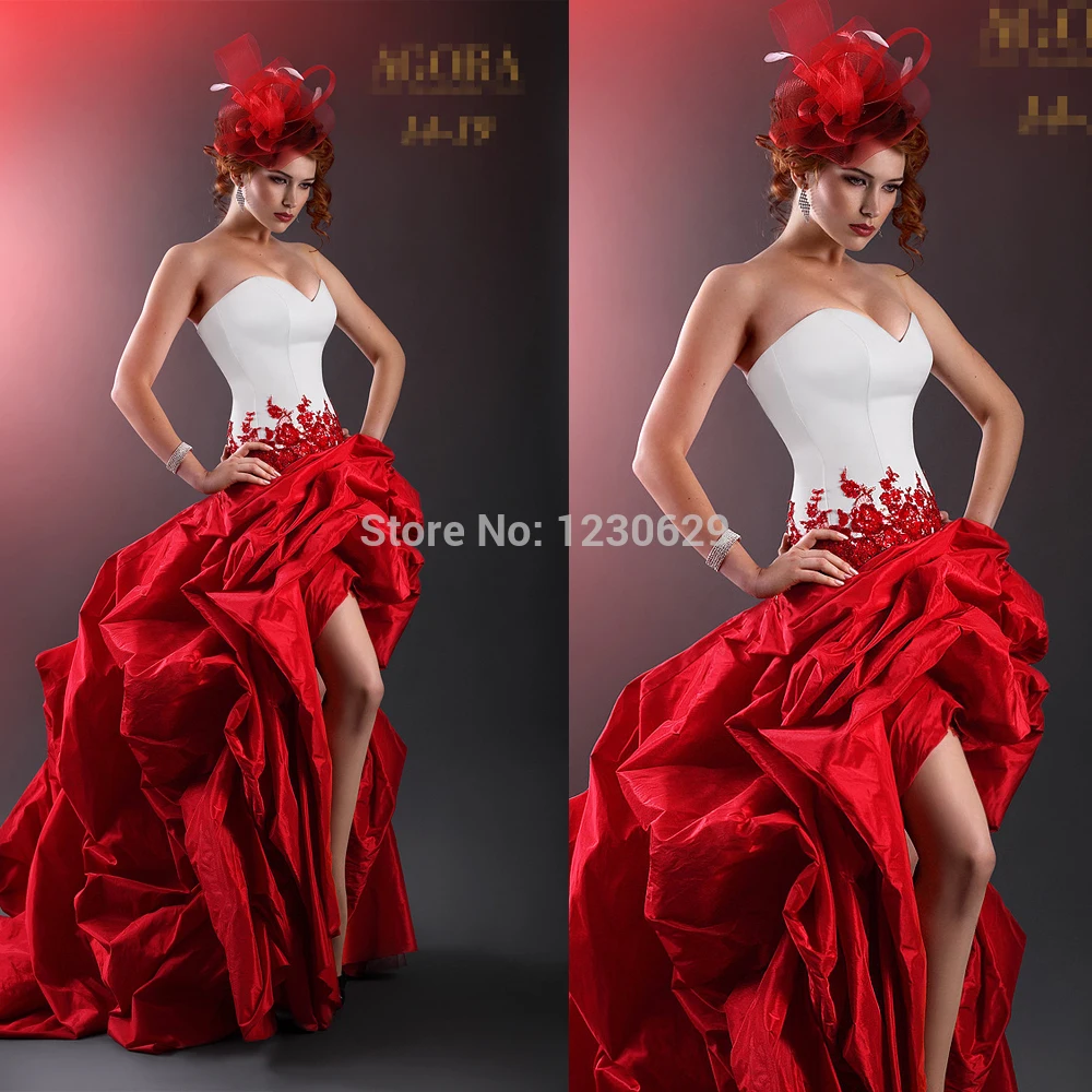 

Free Shipping Sweetheart Backless Appliques Tiers High Low Short Red Wedding Dress 2014 Vestido De Noiva