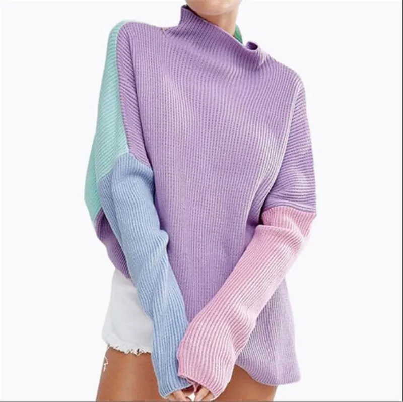

2018 Autumn and Winter Streetwear Oversized Rainbow Designer Runway Sweater Stitching Colors Loose Long Sleeve Women Pullover