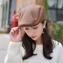 HT1357 Теплые Зимние береты из искусственной кожи черного и коричневого цвета для мужчин и женщин, плоские фуражки для водителей плюща, утолщенные флисовые шапки на подкладке, мужская шляпа