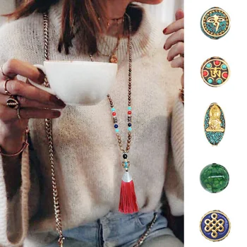

Handmade Vintage Talisman Ethnic Nepal Tribal Necklace Buddhist Mala Wood Beaded Yoga Long Tassel Sweater Necklace for Women