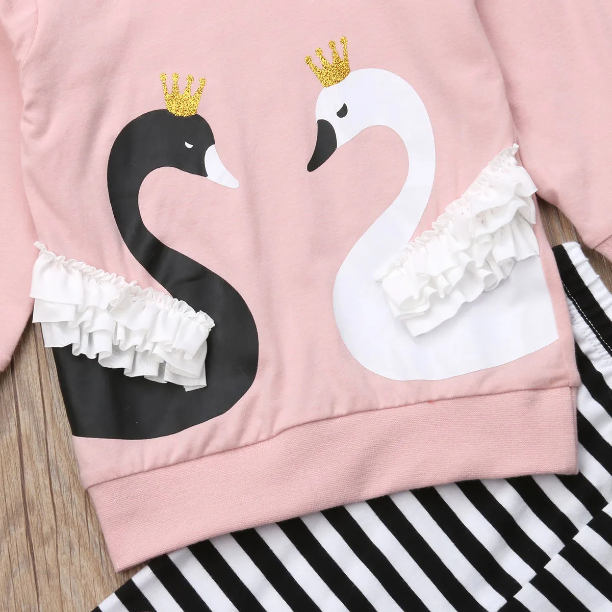 От 1 до 6 лет-осенние милые комплекты одежды для маленьких девочек 2 предмета, пуловер с длинными рукавами и принтом лебедя розовый свитер+ штаны в полоску