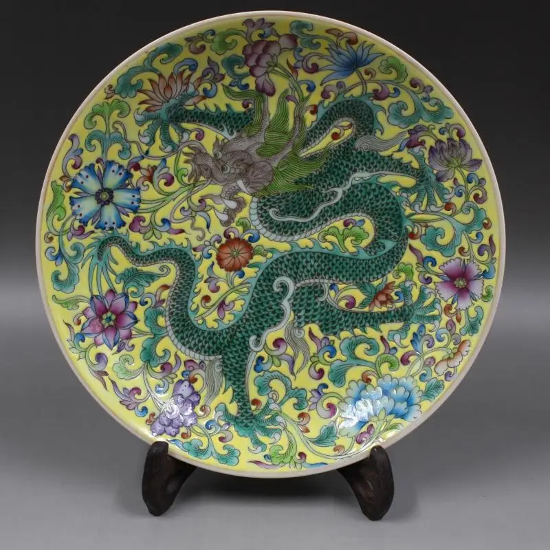 Античная фарфоровая тарелка Chinease QingDynasty, желтая Пастельная тарелка с драконом, изделия ручной работы, лучшая коллекция и украшение