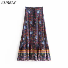 CHBBLF женские цветочные принты до середины икры юбки Faldas высокая талия Кнопка Женская Повседневная шикарная миди юбка DFJ8219
