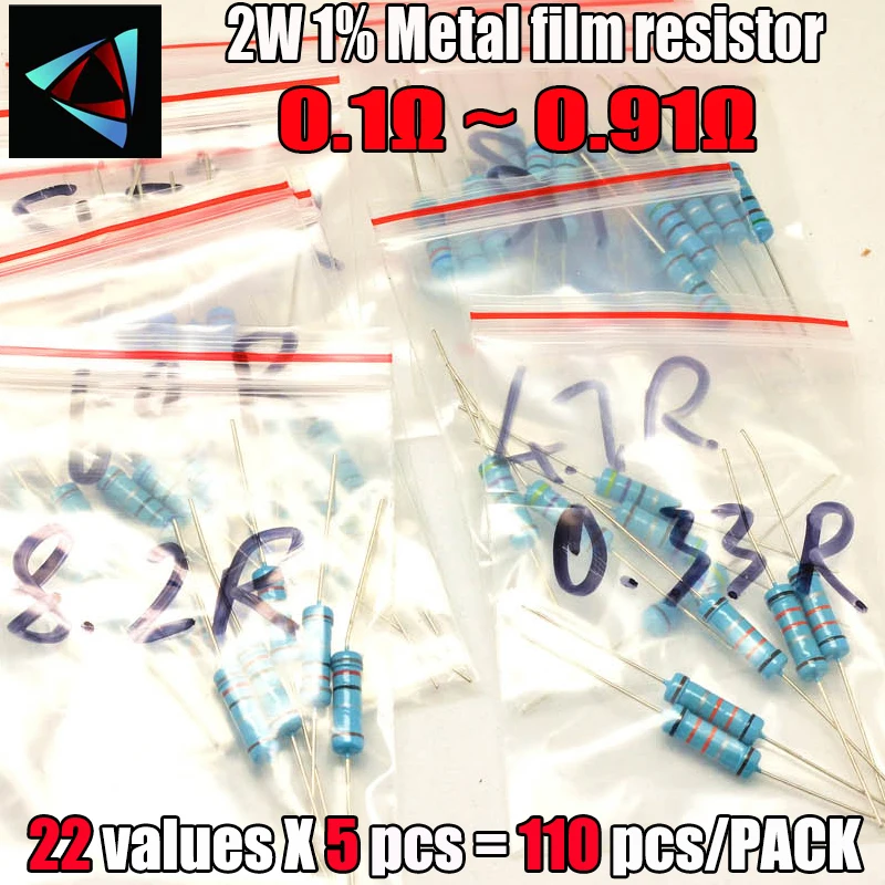 0.1R-0.91R Ом 2 Вт 1% DIP резистор для металлической пленки, 22 стоимости X 5 шт = 110 шт, комплект резисторов в ассортименте