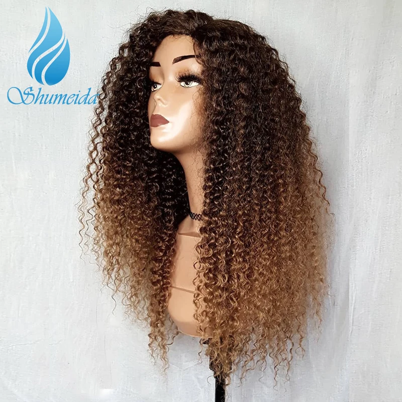 Peluca frontal de encaje de Color SHD Ombre con pelo de bebé pelucas de cabello humano rizado brasileño para mujer cabello Remy sin pegamento pelucas de encaje Peluca frontal de encaje de Color SHD Ombre con pelo de bebé pelucas de cabello humano rizado brasileño para mujer cabello Remy sin pegamento pelucas de encaje