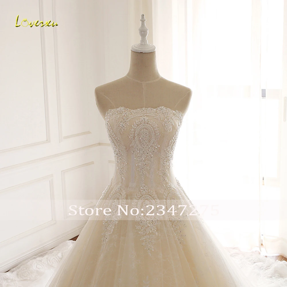 Loverxu Vestido De Noiva сексуальный без бретелей кружевной Свадебные платья Роскошные Аппликации бисером Часовня Поезд Тюль винтажное свадебное платье