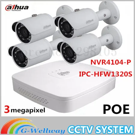Free shipping IPC HFW1320S 3MP IP Bullet Network Camera 4 Channel 4POE NVR NVR4104 P Full