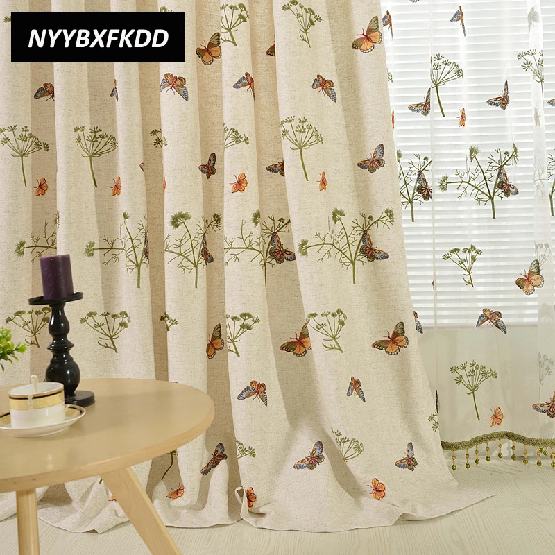 

Half Shading Cotton Linen Beige Butterfly Embroidered Curtain Custom for Living Room Bedroom Japanese Korean Style Curtains