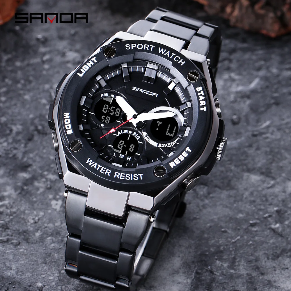 

SANDA New Men's Sports Watches Men Quartz LED Dual Display Digital Watch Male Stainless Steel Wristwatch Clock Relogio Masculino